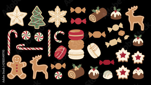 Collection of various delicious christmas cookies and festive holiday candies isolated on a black background