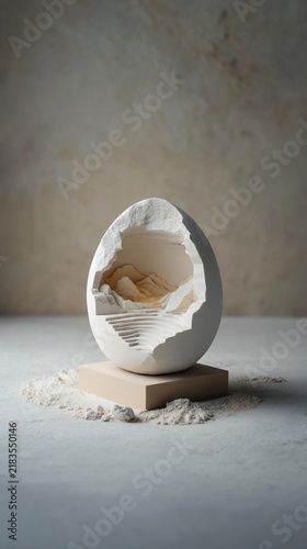 Egg sculpture with layered landscape inside, sitting on a light block