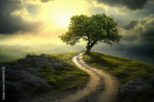 landscape with surreal lone oak beside a winding path beneath golden storm light, photorealistic