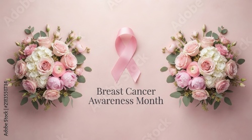 Pink breast cancer awareness ribbon flanked by floral arrangements with awareness campaign wellness feminine