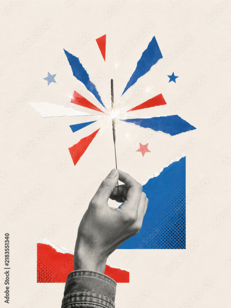 Obraz premium Hand holding a lit sparkler surrounded by torn paper rays and stars on a pale patriotic collage background with copy space
