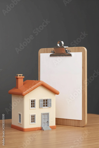 Premium Corporate 3D Real Estate Concept Featuring a White Plastic Miniature House and Blank Property Checklist on Wooden Desk for Home Inspection and Investment Planning