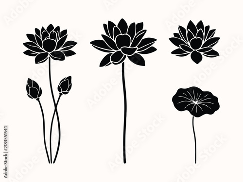 Black silhouette collection of lotus flowers and leaves