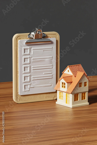 Premium Corporate 3D Real Estate Concept Featuring a White Plastic Miniature House and Blank Property Checklist on Wooden Desk for Home Inspection and Investment Planning