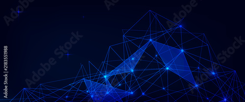 Abstract futuristic technology network background with glowing blue connection nodes, polygonal wireframe mesh, digital data communication, AI, cloud computing, blockchain and innovation banner