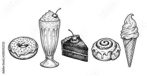 Hand drawn collection of delicious desserts and sweet treats