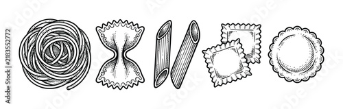 Hand drawn collection of various italian pasta shapes and varieties