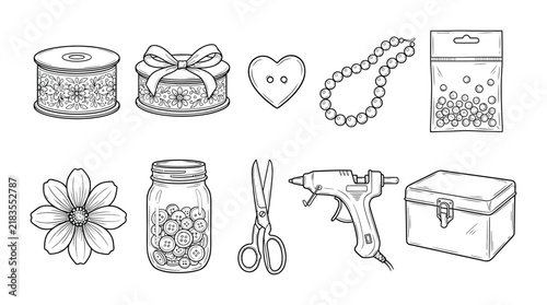 Hand drawn collection of crafting and sewing supplies