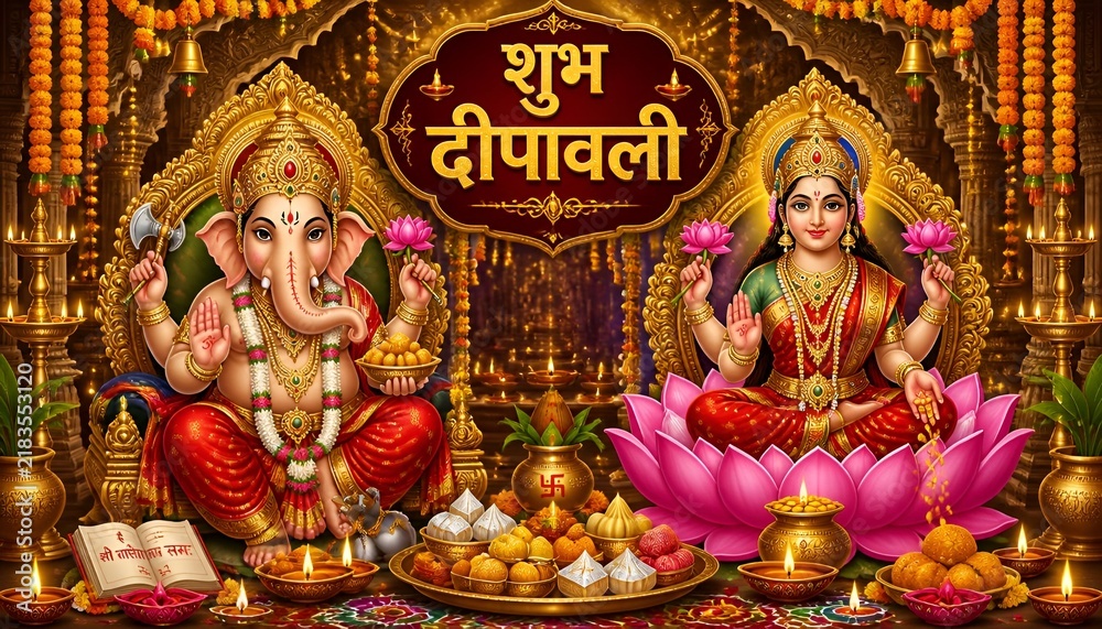 Obraz premium Divine Ganesha Lakshmi Diwali Celebration with Diyas