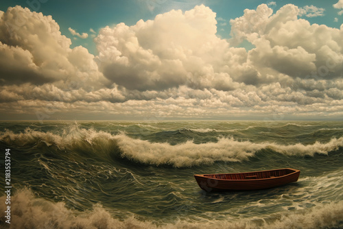 seascape with wooden boat on rough sea, empty brown rowboat among breaking waves beneath towering cream clouds, photorealistic
