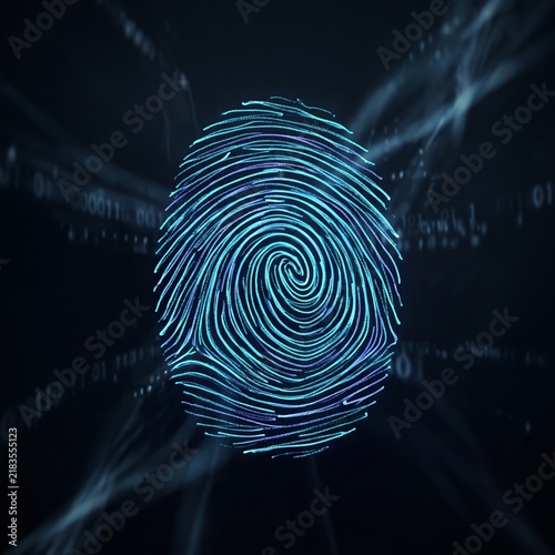Abstract digital fingerprint made of flowing luminous blue particles on a dark premium background, identity verification concept