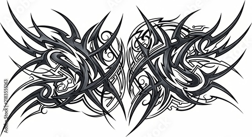 Sharp cybersigilism vector pattern, intertwined digital tribal lines in dark grey, Y2K gothic aesthetic, symmetrical design, isolated on white background