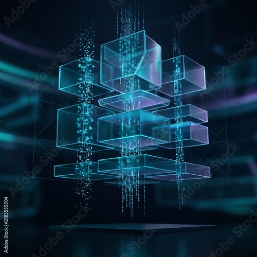 Concept of cloud computing and big data, glowing translucent glass cubes floating in dark space with digital data streams, cinematic lighting