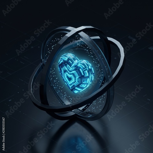 Abstract futuristic concept of AI ethics and digital healthcare, glowing blue neon heart inside rotating dark metallic rings
