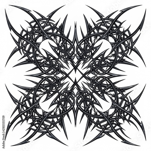 Sharp cybersigilism vector pattern, symmetrical intertwined digital tribal lines in black, Y2K gothic aesthetic, isolated on white background