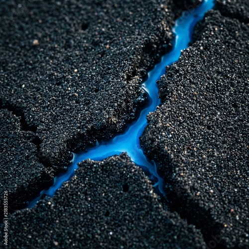 Abstract macro texture of dark volcanic rock with glowing blue liquid running through cracks, deep natural contrast, cinematic lighting