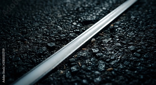 Macro shot of rough dark asphalt texture illuminated by a single sleek strip of white LED light, cinematic lighting