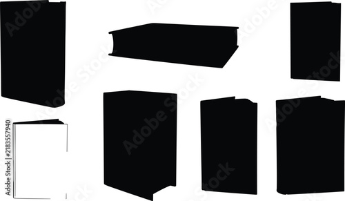 Book silhouette collection, six black shapes, upright and flat orientations, open book design, educational literature illustration, creative library concept artwork