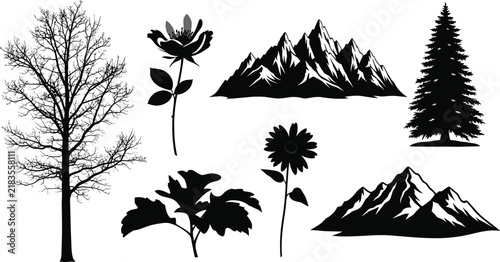 Nature silhouette collection, trees, flowers, plants, mountain ranges illustration, black and white artwork, ecology design, environmental landscape concept illustration