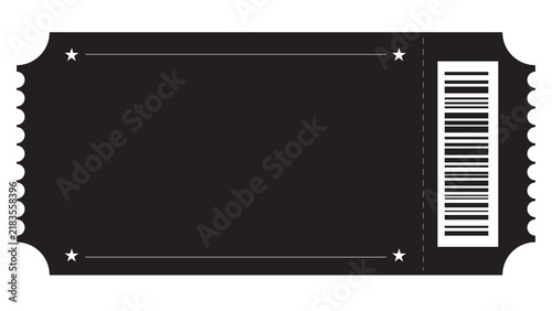 Blank black event ticket with a barcode and four stars in the corners entry pass concert ticket raffle ticket graphic design vector illustration event planning admit one design element