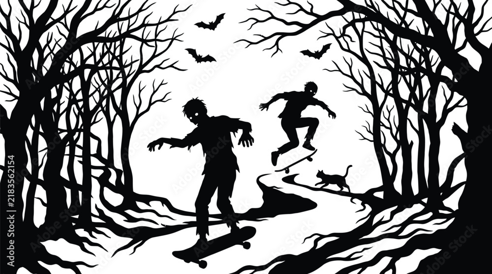 Naklejka premium Creepy zombies skateboarding through a dark haunted forest in this detailed black and white vector illustration