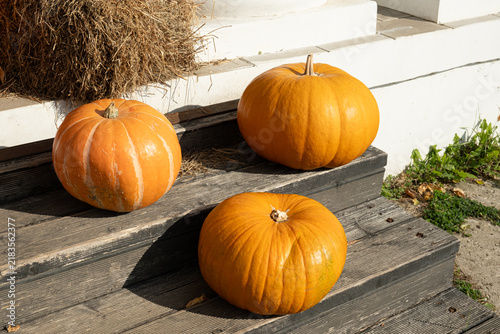 large pumpkin decoration on wooden step near hay bale for halloween. seasonal pumpkin decor welcomes customer at shop entrance. festive pumpkin arrangement creates autumn atmosphere outside store.