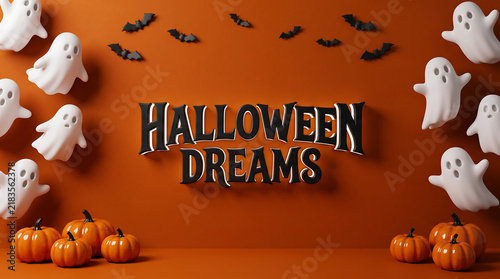 Halloween Dreams text with ghosts and pumpkins on orange background for holiday celebration
