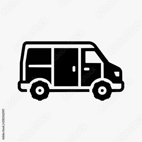Clean Black and White Minimalist Line Drawing of a Delivery Van or Small Truck Icon with high quality professional line art symbols for modern creative design and digital branding projects