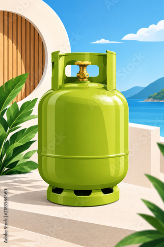 Modern Green LPG Gas Cylinder Vector Illustration in Minimalist Tropical Setting