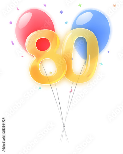 Vibrant 80th birthday celebration illustration featuring glossy glassmorphism balloons framing a bright yellow number, accented with colorful confetti.