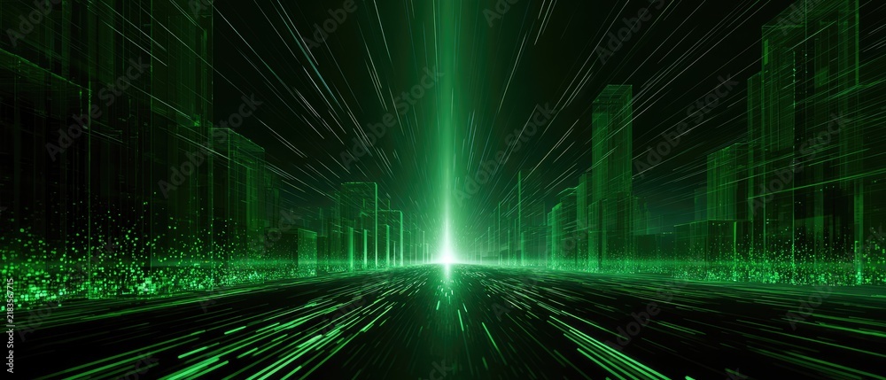 Fototapeta premium Green digital cityscape with bright light beam at vanishing point