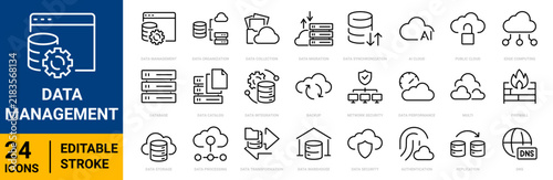 Data management outline icon set featuring databases, data storage, processing, integration,, synchronization, cloud storage, metadata, data quality. Editable Stroke