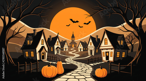 Haunted village illustration with pumpkins and full moon for Halloween holiday background