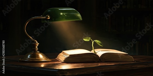 Fototapeta A green desk lamp illuminates a book with a seedling growing from its pages
