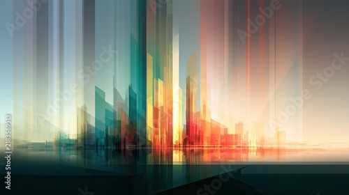 Abstract cityscape of vibrant, elongated geometric forms glowing with warm hues