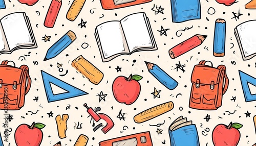 Seamless Background Featuring Hand Drawn School Supplies Doodle Pattern For Educational Projects.