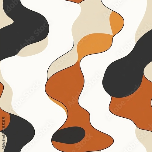 Seamless Pattern of Abstract Curved Ribbon Shapes in Minimalist Flat Design with Neutral Color Tone