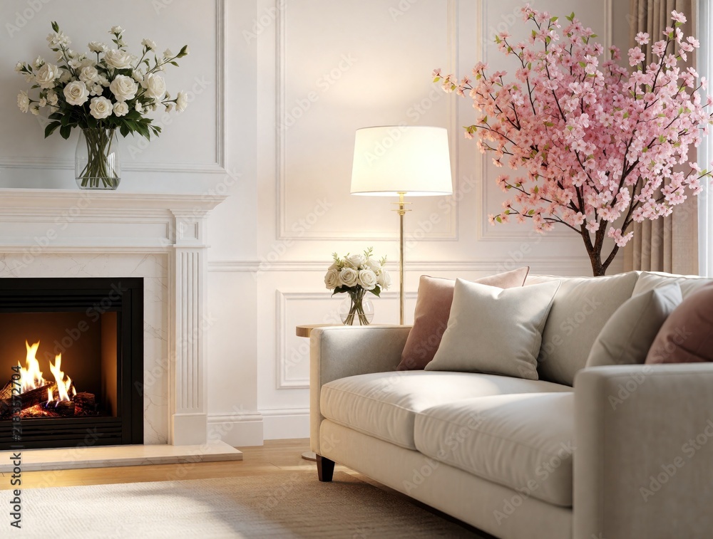 Obraz premium Cozy living room interior with burning fireplace, white roses in vase. Modern sofa with soft pillows sits near blooming pink cherry blossom tree. Elegant home decor creates warm atmosphere with soft