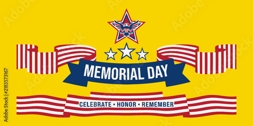 Patriotic memorial day banner illustration featuring symbolic elements for honoring fallen soldiers and national remembrance