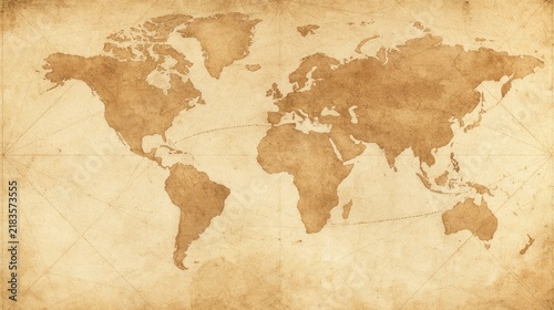 Vintage-style world map on aged parchment, showing continents and grid lines