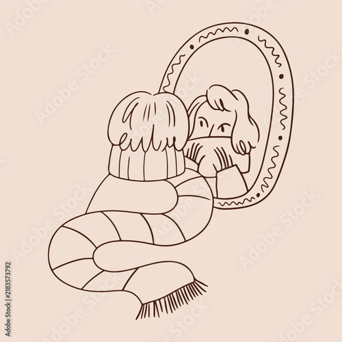 Cozy woman looking in a mirror in knitted sweater, whimsical hand drawn Scandinavian minimalist sketch illustration