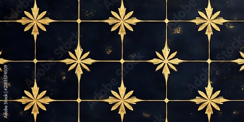 Luxury black tile background with gold floral ornaments in a minimal contemporary interior design