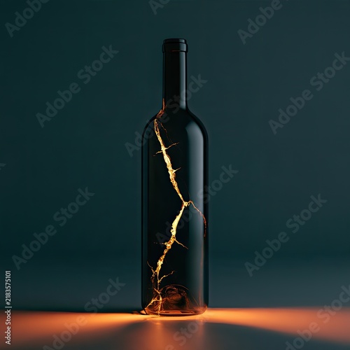 Dark glass bottle with glowing golden cracks, illuminated from below