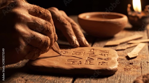 A scribe's steady hands press a reed stylus into damp clay, forming precise wedge-shaped cuneiform marks under warm lamplight in ancient Mesopotamia. Birth of written language concept