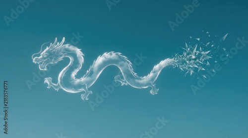Ethereal dragon shaped cloud formation floating through a vast clear blue sky showcasing mystical vapor elements dissipating into fragments