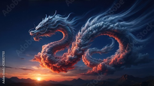 Majestic ethereal dragon crafted from swirling sunset clouds soaring above a tranquil mountain landscape during a golden hour atmospheric horizon