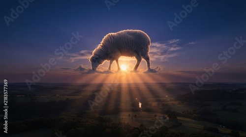 A majestic sheep shaped cloud floats gracefully above a tranquil landscape as the morning sun casts radiant golden rays across the serene horizon