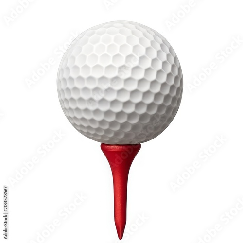 White dimpled golf ball resting on a red tee isolated on a white background.