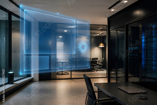 Augmented reality holographic interface floating seamlessly in modern glass office