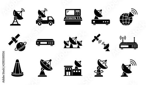 Quadro su tela Satellite communication icons set, 15 black vector telecommunication symbols, ra
